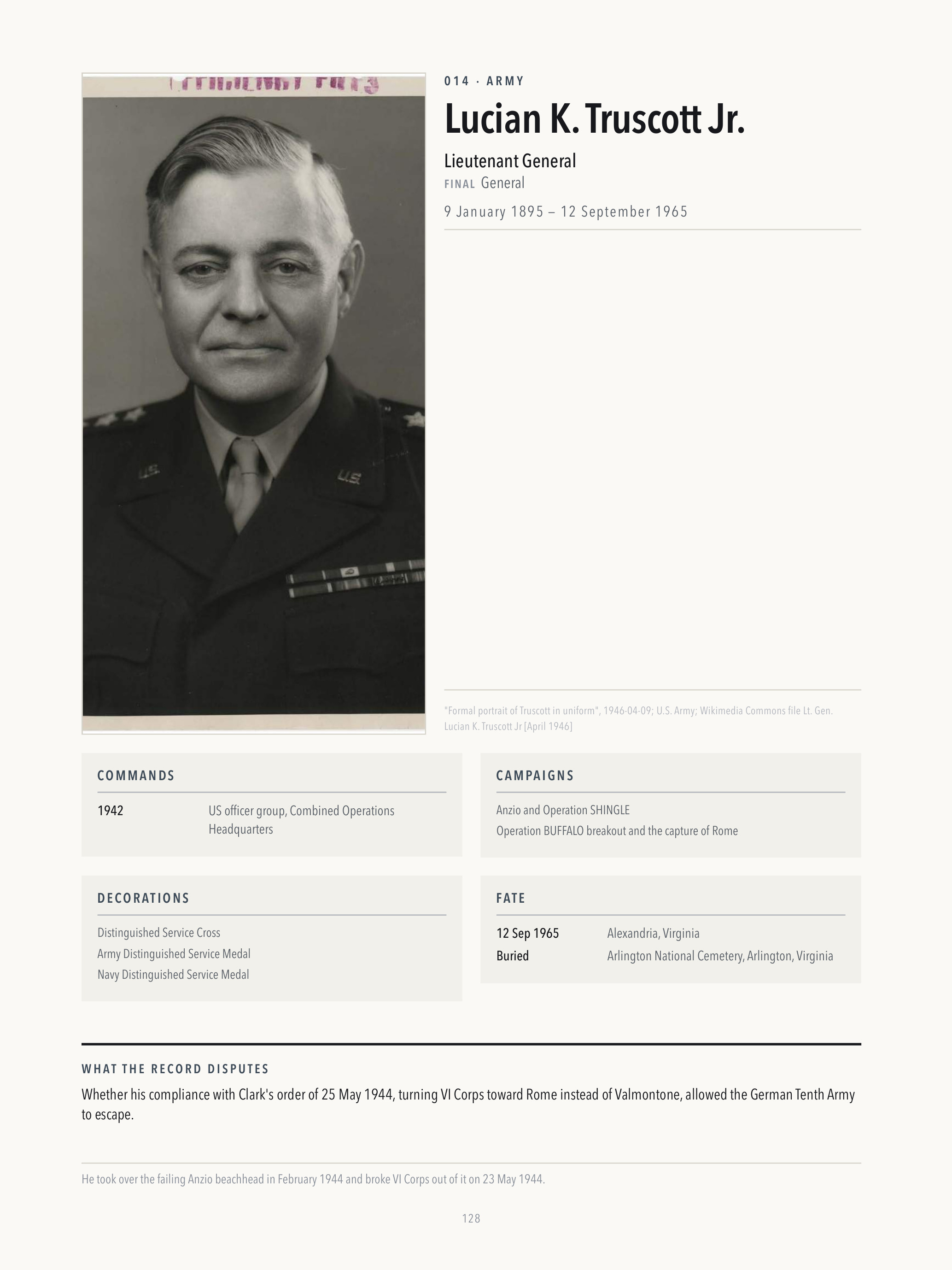Lucian K. Truscott Jr. data page with portrait, rank, summary panels, disputed claim and summary line